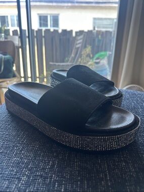 Forever 21 Black Slide Sandals with Rhinestone Platform